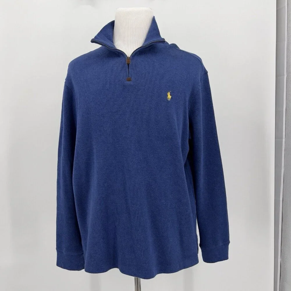 Polo Ralph Lauren Men's Pullover 1/4-Zip Sweater Blue Yellow Pony L Large - Picture 2 of 6